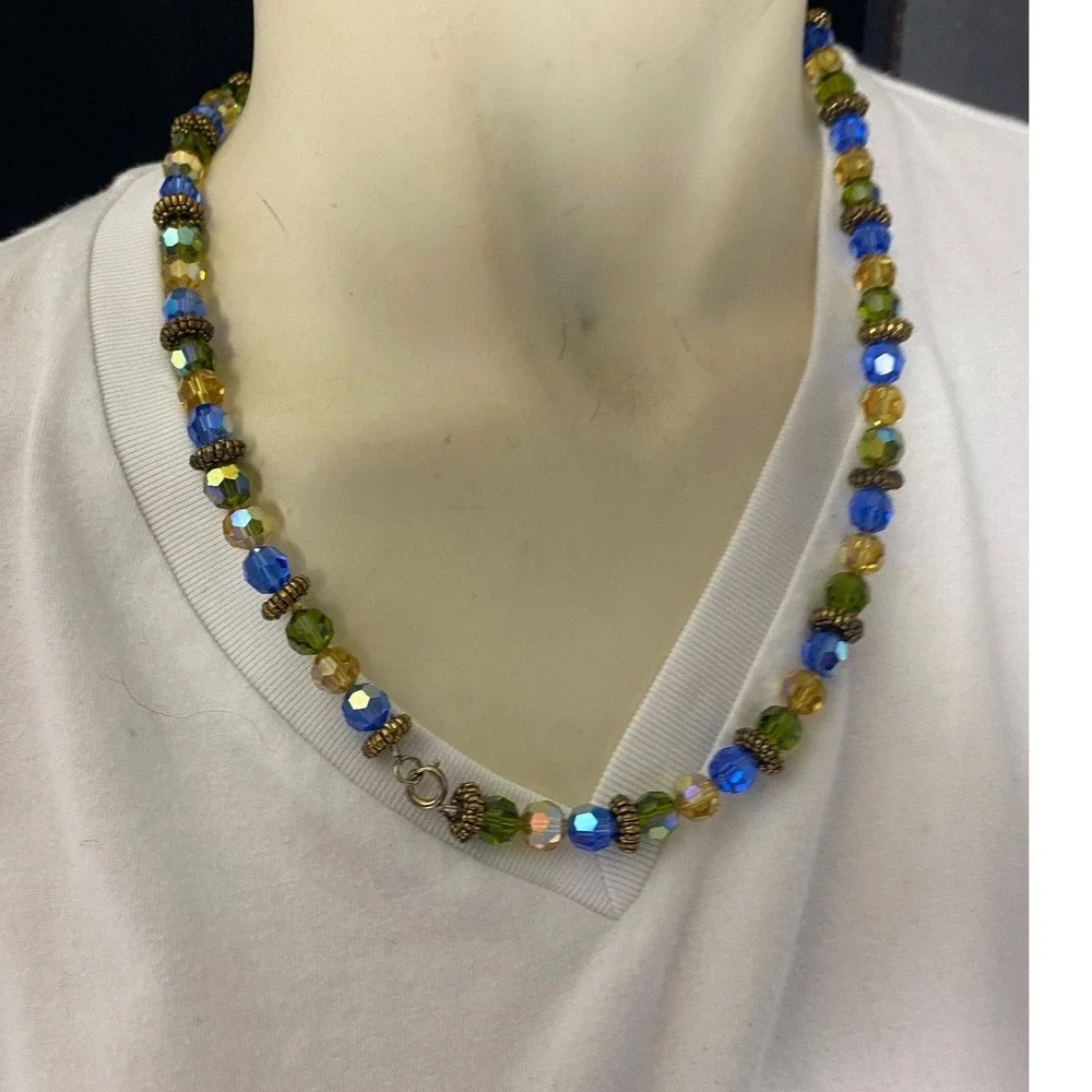 Faceted‎ Bead Necklace Blue Green Yellow Silver Tone Spacers